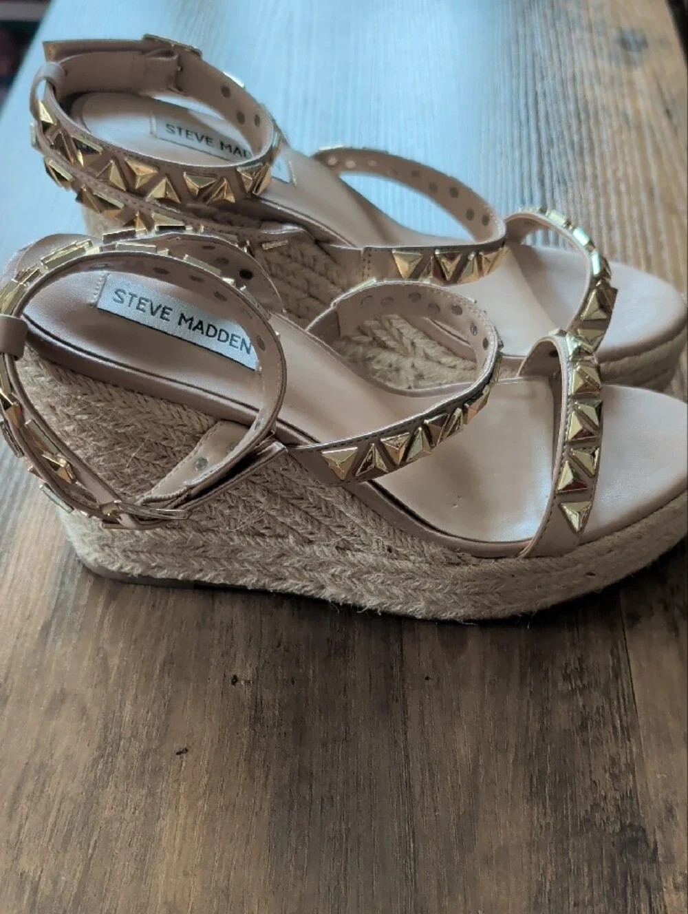 Steve Madden Beige Espadrille Wedge Sandals with Gold Studs